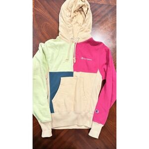 Champion Reverse Weave Colorblock Hoodie XS Patchwork Pullover Sweatshirt Womens